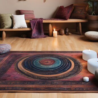 Cozy Sound healing room with yoga mat, chimes and singing bowls